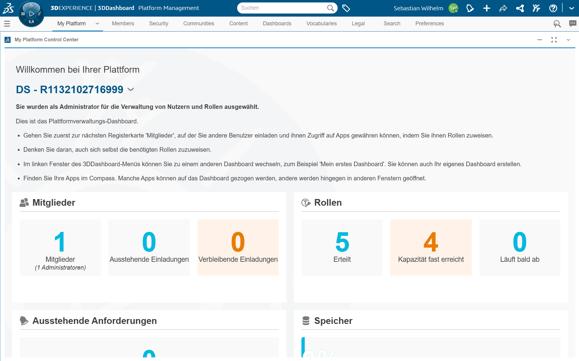 The first-login dashboard showing the compass and available roles